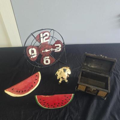 REPURPOSED FAN CLOCK, WOODEN WATERMELON, BOX AND MORE