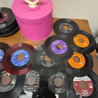 Sale Photo Thumbnail #20: The records are in fair to good condition, there might be signs of wear including scratches, but nothing too deep.  The previous owner has labeled the records with a number system. The case is easy to use, just cover, twist and carry.