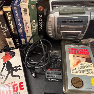 Emerson VCR, boombox, VHS, CDs