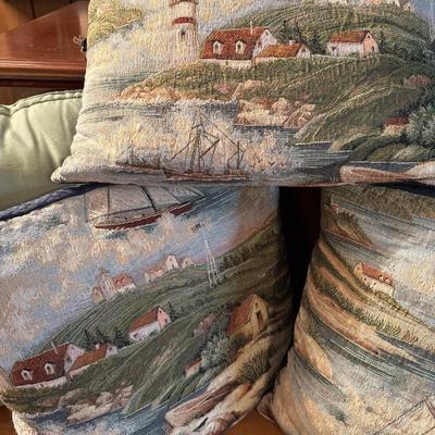 5 pillows - 3 are seashore scenes