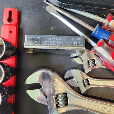 Plastic Tool Box with Lot of Tools as Pictured , Hammer, sockets, vise grip, Screwdrivers, Pliers and more