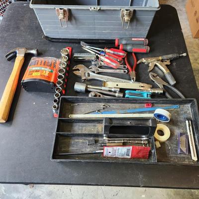 Plastic Tool Box with Lot of Tools as Pictured , Hammer, sockets, vise grip, Screwdrivers, Pliers and more