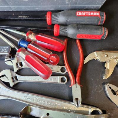 Plastic Tool Box with Lot of Tools as Pictured , Hammer, sockets, vise grip, Screwdrivers, Pliers and more