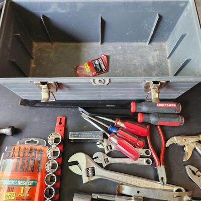 Plastic Tool Box with Lot of Tools as Pictured , Hammer, sockets, vise grip, Screwdrivers, Pliers and more