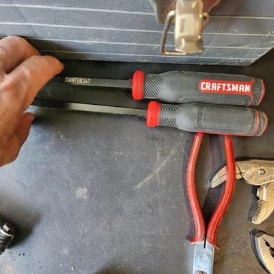 Plastic Tool Box with Lot of Tools as Pictured , Hammer, sockets, vise grip, Screwdrivers, Pliers and more