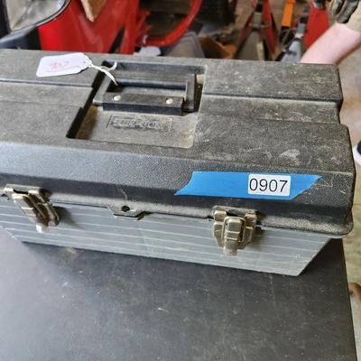 Plastic Tool Box with Lot of Tools as Pictured , Hammer, sockets, vise grip, Screwdrivers, Pliers and more