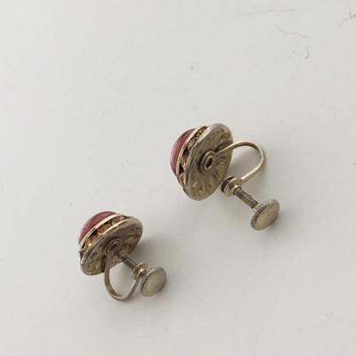 Gold tone red screw on earrings