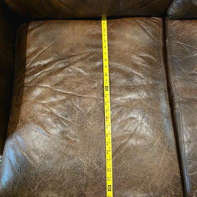 Sale Photo Thumbnail #4: Mocha colored leather couch by Alexander Taylor # 2. 
Measurements are 88 1/2" × 43 1/2."
The seat depth is 26"
 
2 available.  They are exactly the same size. The other sofa is lot 2SS.