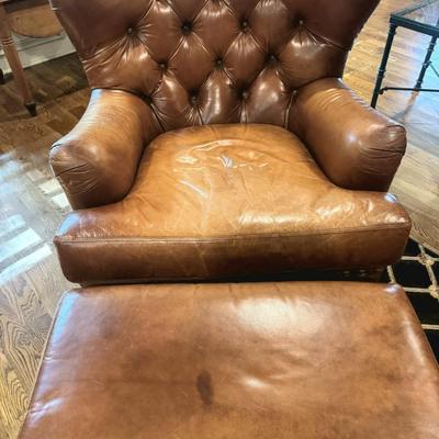 Sale Photo Thumbnail #11: Cognac colored leather club chair with matching ottoman by Henredon. 
Chair measurements: 37"H x 36" wide.
Chair and ottoman only, does not include rug or anything else in pictures.