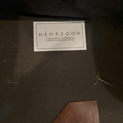 Sale Photo Thumbnail #13: Cognac colored leather club chair with matching ottoman by Henredon. 
Chair measurements: 37"H x 36" wide.
Chair and ottoman only, does not include rug or anything else in pictures.