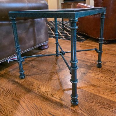 Sale Photo Thumbnail #22: Large dark green iron base with glass top coffee table and matching end table.  Tables only. Does not include rug or anything else in pictures. 

Coffee table measurements: 36" X 36" x16"H

Side table measurements: 20"×20"