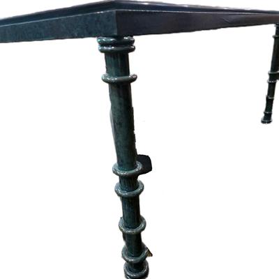 Sale Photo Thumbnail #20: Large dark green iron base with glass top coffee table and matching end table.  Tables only. Does not include rug or anything else in pictures. 

Coffee table measurements: 36" X 36" x16"H

Side table measurements: 20"×20"