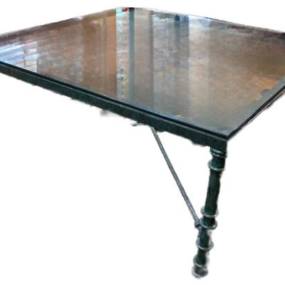 Sale Photo Thumbnail #19: Large dark green iron base with glass top coffee table and matching end table.  Tables only. Does not include rug or anything else in pictures. 

Coffee table measurements: 36" X 36" x16"H

Side table measurements: 20"×20"