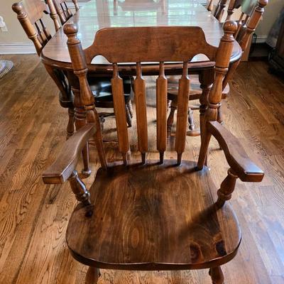 Sale Photo Thumbnail #32: Vintage Dining table set with 6 chairs, 2 are Captain chairs with arms, and 1 leaf by Dixie. 

Measurements: with leaf in 72"L. Without leaf 60".
