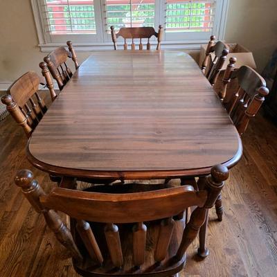 Sale Photo Thumbnail #30: Vintage Dining table set with 6 chairs, 2 are Captain chairs with arms, and 1 leaf by Dixie. 

Measurements: with leaf in 72"L. Without leaf 60".