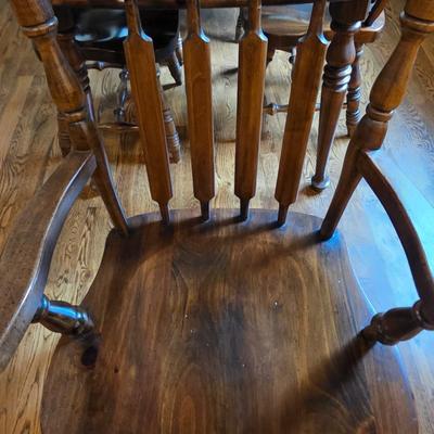 Sale Photo Thumbnail #33: Vintage Dining table set with 6 chairs, 2 are Captain chairs with arms, and 1 leaf by Dixie. 

Measurements: with leaf in 72"L. Without leaf 60".