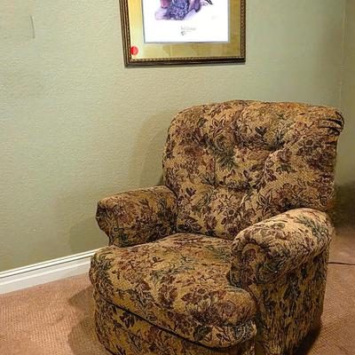 Sale Photo Thumbnail #38: Floral upholstery manual recliner with 1 framed print by Jodi Jensen. 

Frame size 33"