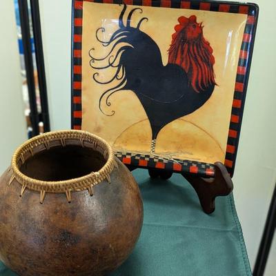 Sale Photo Thumbnail #32: Vase good condition.  Rooster plate has a small chip.