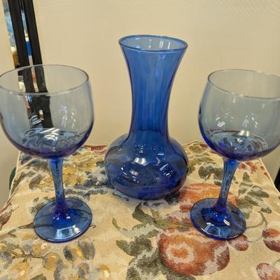 Sale Photo Thumbnail #48: 3 blue vases with 2 wine glasses.