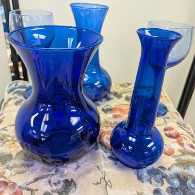 Sale Photo Thumbnail #47: 3 blue vases with 2 wine glasses.