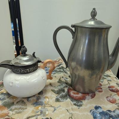 Sale Photo Thumbnail #49: Pewter pitcher with ceramic creamer - good condition.