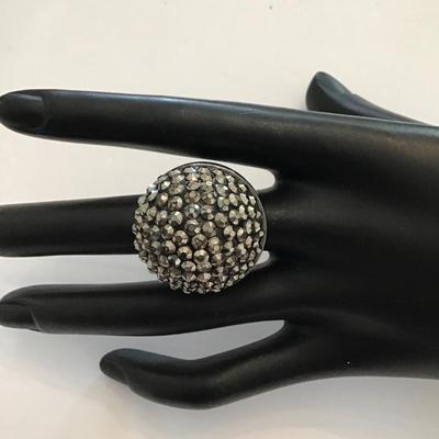 Beautiful gunmetal Tone stretchy ring with AB rhinestones