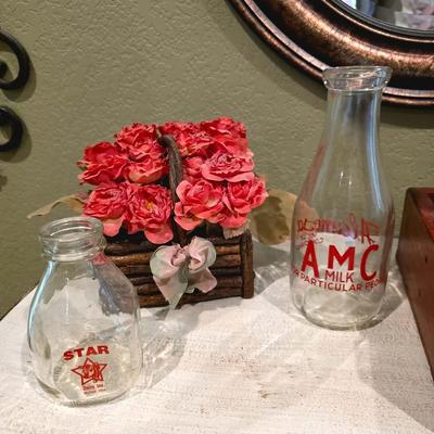 Sale Photo Thumbnail #55: Bean shape table with green fabric skirt, 2 wrought iron wall hangings,  1 oval mirror, pink floral, and vintage bottles.

Table: 34L x 17D × 29H 
Wrought Iron wall hangings: 45" 
Oval mirror: 33"×37"