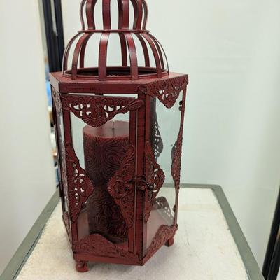 Sale Photo Thumbnail #58: Red metal lantern with candle.