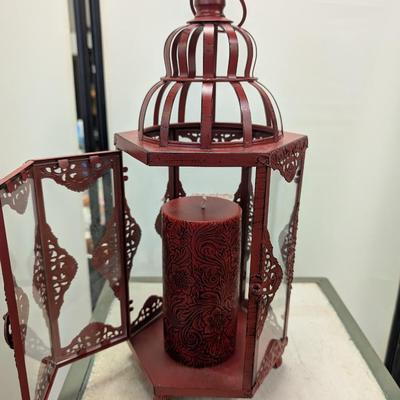 Sale Photo Thumbnail #59: Red metal lantern with candle.