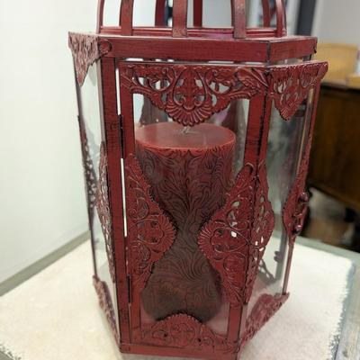Sale Photo Thumbnail #60: Red metal lantern with candle.