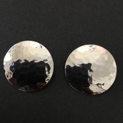 Beautiful, vintage, silver toned, hammered circular statement earrings