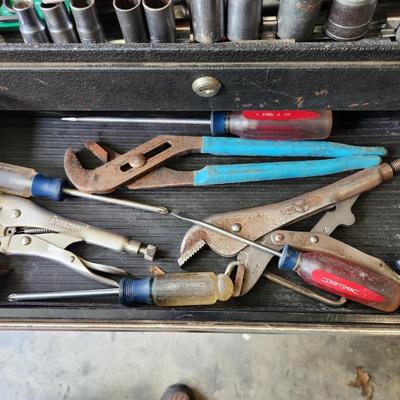 Tool box Loaded with Tools as Pictured Sockets , Vise Grips Channelocks
