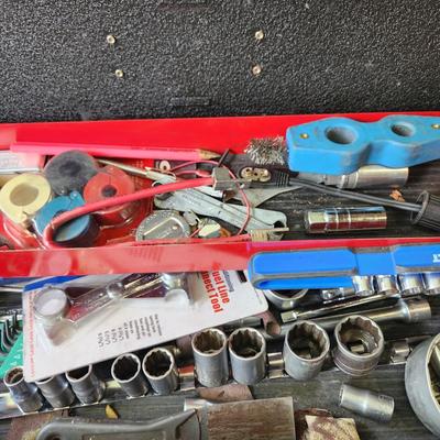 Tool box Loaded with Tools as Pictured Sockets , Vise Grips Channelocks