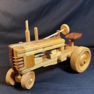 HANDCRAFTED WOODEN TRACTOR AND IMPLEMENT