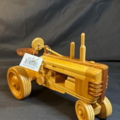 HANDCRAFTED WOODEN TRACTOR AND IMPLEMENT