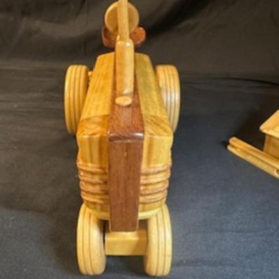 HANDCRAFTED WOODEN TRACTOR AND IMPLEMENT