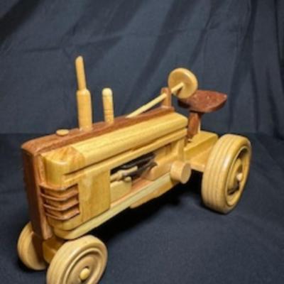 HANDCRAFTED WOODEN TRACTOR AND IMPLEMENT
