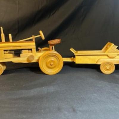 HANDCRAFTED WOODEN TRACTOR AND IMPLEMENT