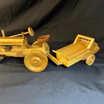 HANDCRAFTED WOODEN TRACTOR AND IMPLEMENT