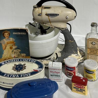 Vintage Hamilton Beach mixer plus spices, Davis & Waddell Butter Dish
