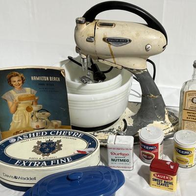 Vintage Hamilton Beach mixer plus spices, Davis & Waddell Butter Dish