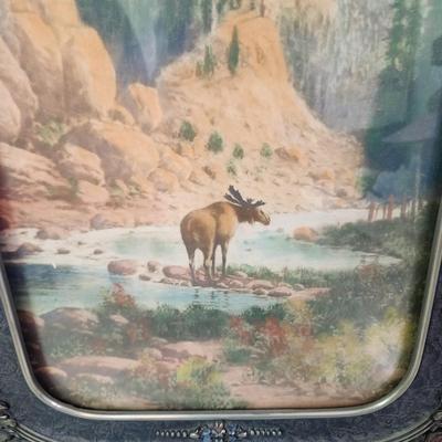 Vintage Convex Framed Art Moose Wilderness