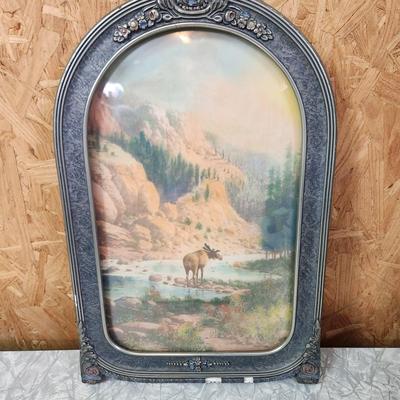 Vintage Convex Framed Art Moose Wilderness