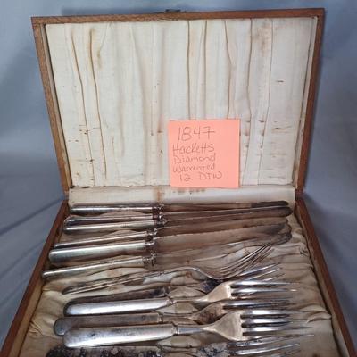 Sale Photo Thumbnail #78: vintage 1847 Hacketts Diamond Warranted 12 DTW, Roger's Bros Silverware set with box 6 forks and 6 
knives