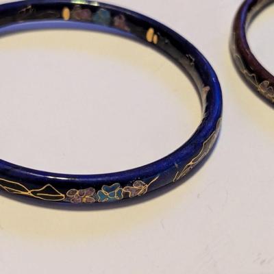 Vintage Black Double Sided Cloisonne Bangle Bracelets Floral Enameled #2