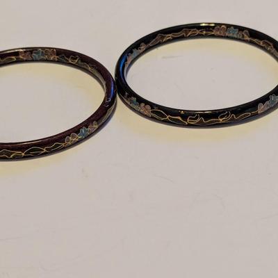 Vintage Black Double Sided Cloisonne Bangle Bracelets Floral Enameled #2