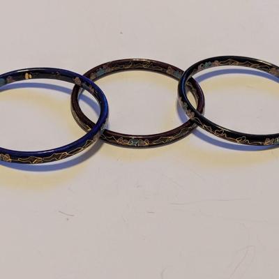Vintage Black Double Sided Cloisonne Bangle Bracelets Floral Enameled #2