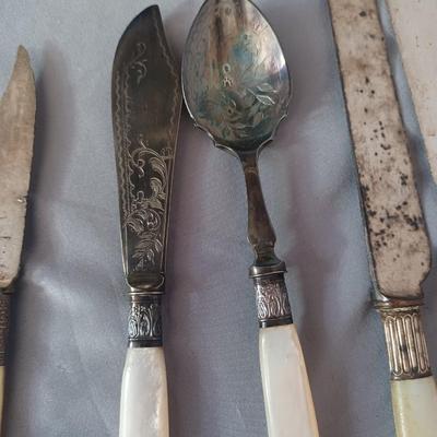 Sale Photo Thumbnail #90: vintage 1900's Mother of Pearl 
silverware pieces and a sterling Lunt curved spoon