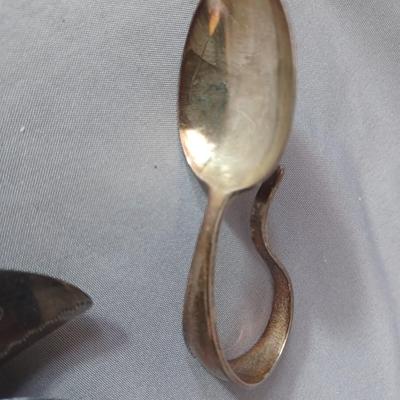 Sale Photo Thumbnail #88: vintage 1900's Mother of Pearl 
silverware pieces and a sterling Lunt curved spoon