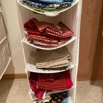Hanging organizer with burgundy and green fabric